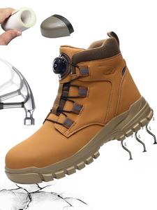 Men's Steel Toe High Top Work Boots, Comfortable & Wear-resistant Buttons, Elastic & Versatile Safety Shoes for All Seasons, Closed