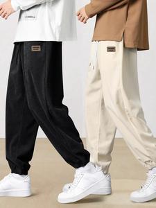 Men's Letter Patched Corduroy Pants, Casual Comfy Loose Straight Leg Trousers for Fall & Winter, Men's Bottoms for Daily Wear