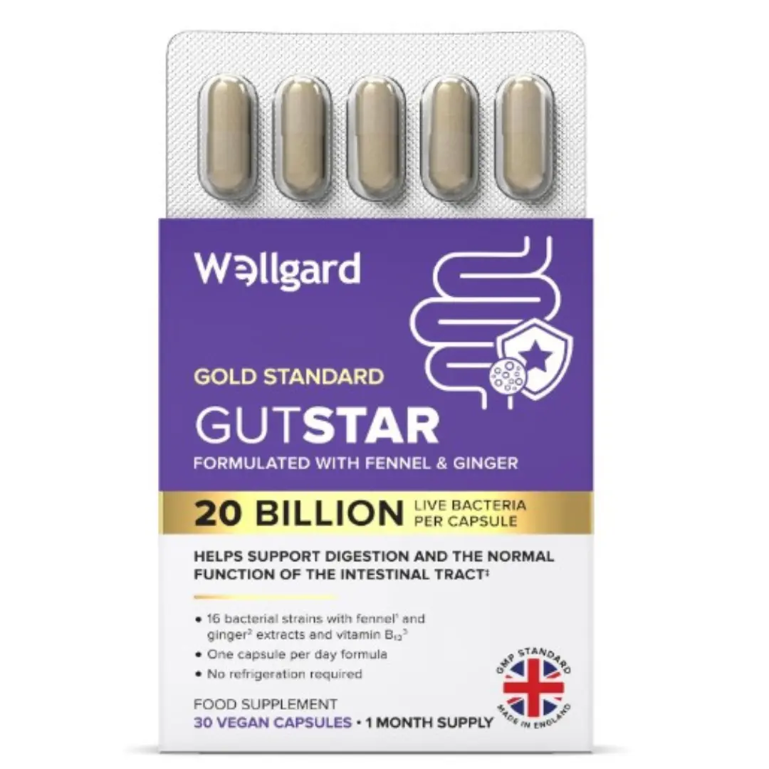 Wellgard Gutstar Probiotics - 16 Strain Probiotics for Gut Health with Fennel and Ginger, Vegan, UK Made
