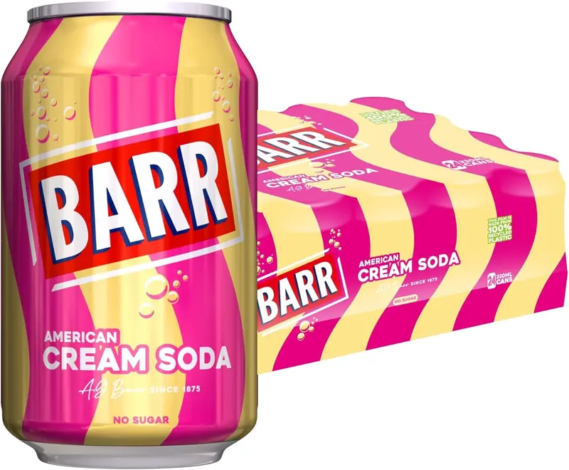 BARR since 1875, 24 Pack American Cream Soda, Zero No Sugar Sparkling Soft Drink with a Creamy Taste of American Cream Soda, "Fizzingly Fun" - 24 x 330ml Cans Beverage 0