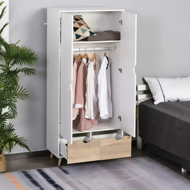 2-Door Wardrobe with Hanger Rail and 2 Underneath Drawers - White / Pine Wood 1