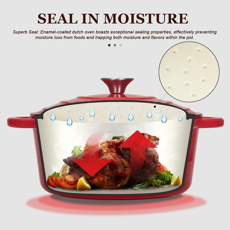 4.5QT/4.2L Enamelled Cast Iron Round Casserole Pot With Lid Cookbook & Cotton Potholders - Non-stick Dutch Oven Cookware for Braising, Stews, Roasting, Bread Baking - Cherry red, 24cm 1