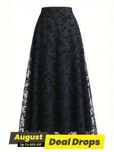 Women's Floral Embroidery Contrast Mesh A Line Skirt, Elegant High Waist Midi Skirt for Party Holiday Wedding Guest, Ladies Bottoms for All Seasons, Womenswear