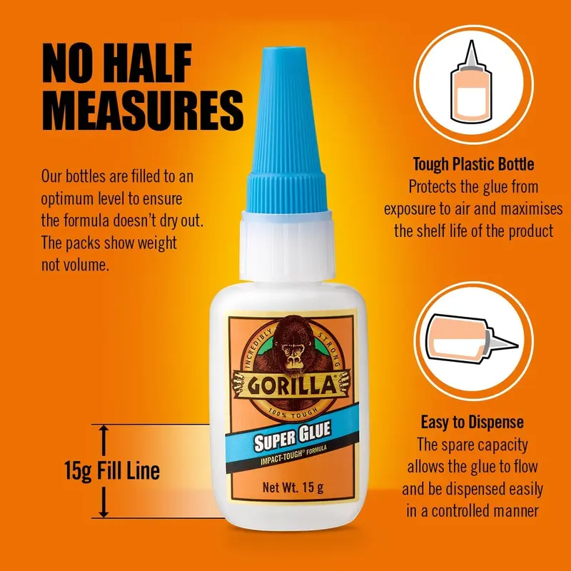 Gorilla Super Glue, 15g – All Purpose, Impact Tough & Fast Setting with Anti-Clog Cap Ideal for Metal, Ceramics, Leather & More 1