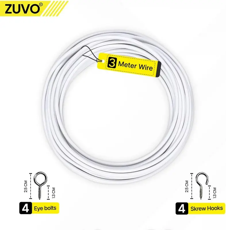 Net Curtain Wire with Hooks and Eyes - 3 m Extra Strong Curtain Wire with 4 Hooks and Eyes - Perfect Curtain Wire Kit, White 1