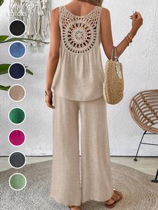 Women's Solid Color Hollow Out Tank Top & Wide Leg Pants Two-piece Set, Casual Sleeveless Top & Pants for Spring & Fall, Women's Clothes for Daily Wear