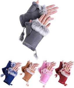 1 Pair Women’s Winter Faux Fur Leather Half Finger Fashion Warm Fingerless Mittens Fleece Lined Warmer Wrist Gloves