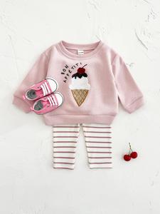 Ice Cream Pattern Sweatshirt & Striped Print Pants Set, Casual Round Neck Long Sleeve Pullover & Trousers, Spring & Fall Clothes for Infant Toddler Girls