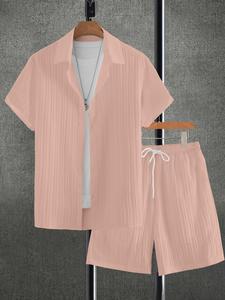 Two-Piece Set Men's Solid Color Short Sleeve Shirt & Drawstring Waist Shorts Set, Breathable Two-piece for Summer, Men's Clothes for Beach Vacation