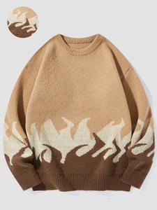 Men's Fire Print Round Neck Sweater, Loose Casual Long Sleeve Crew Neck Jumper for Fall & Winter, Fashion Men's Knitwear for Daily Wear