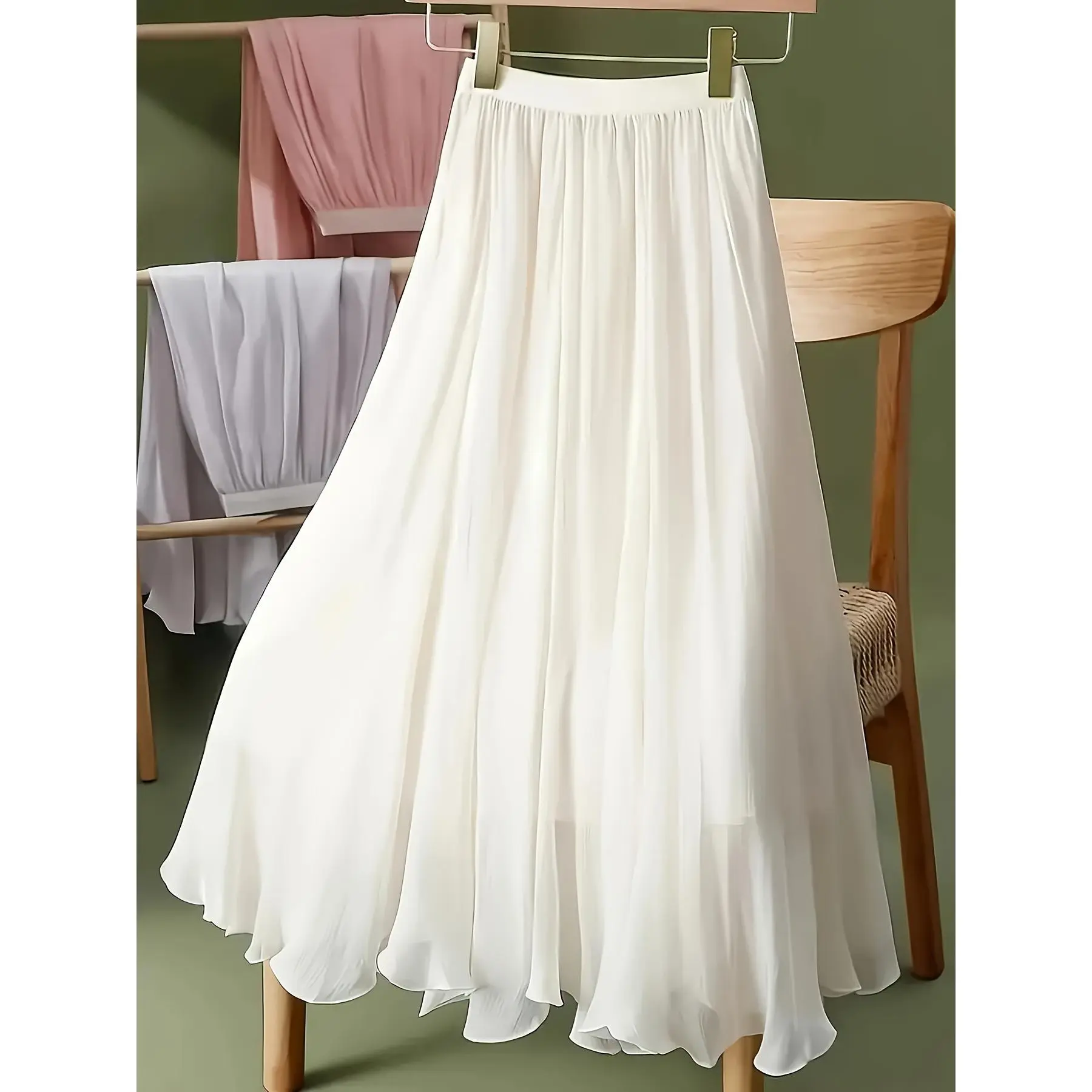 Polly Pocket Skirt Elegant High-Waisted A-Line Pleated Skirt - Flowy, Loose Fit, Long-Length, Polyester Lined, No Belt, Perfect for Spring/Fall, Casual to Formal Attire, Formal Attire|Elegant Skirt|Polyester Lined Skirt