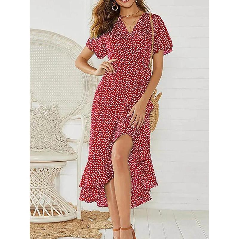Summer Beach Maxi Dress Women Floral Print Boho Long Chiffon Dress Ruffles Wrap Casual V-Neck Split Sexy Party Dress Robe Femme 4