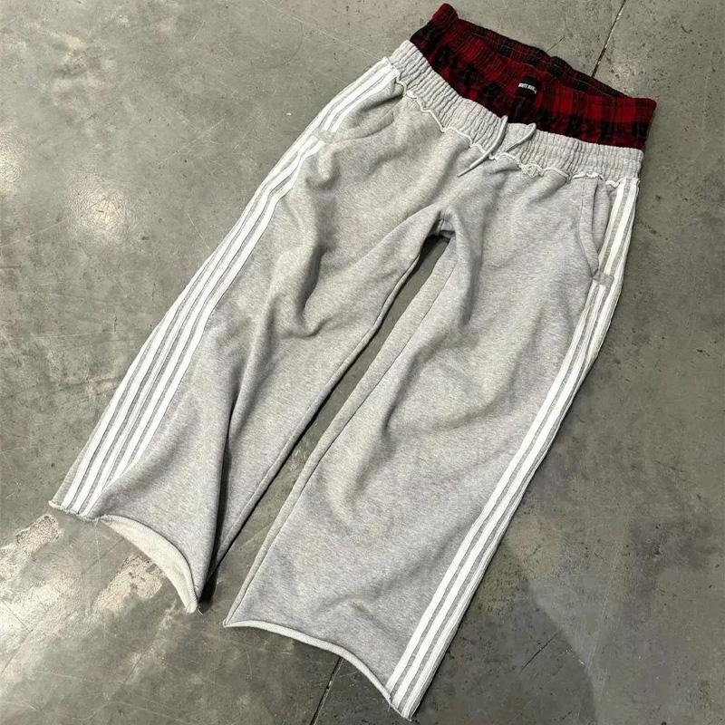 Y2K pants vintage Harajuku double Embroidered waist Sweatpants Men Wome Hip Hop Casual High waisted Wide Leg Pants Streetwear 2