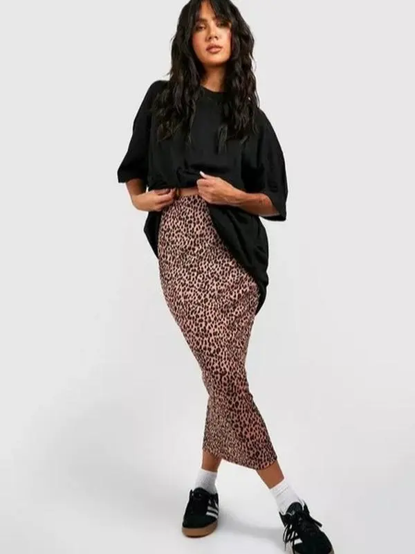 Women's Leopard Print Ribbed Midi Skirt for Fashionable Look - Bottom, Womenswear Bottom Comfort