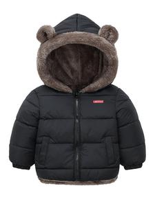 Toddler Boy's Cartoon Bear Ears Design Letter Patched Hooded Puffer Jacket, Zipper Pocket Thermal Outerwear For Outdoor Wear, Toddler Boys Clothing For Fall Winter
