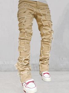 Men's Solid Color Ripped Straight Leg Jeans, Loose Casual Comfy Denim Trousers for Daily Wear, Fashion Men's Bottoms for All Seasons, Cotton