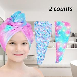 Hair Towel Wrap with Button, 1 Set Cute Cartoon Pattern Hair Drying Towel, Water Absorbent Hair Towel for Kids, Hair Turban Towel