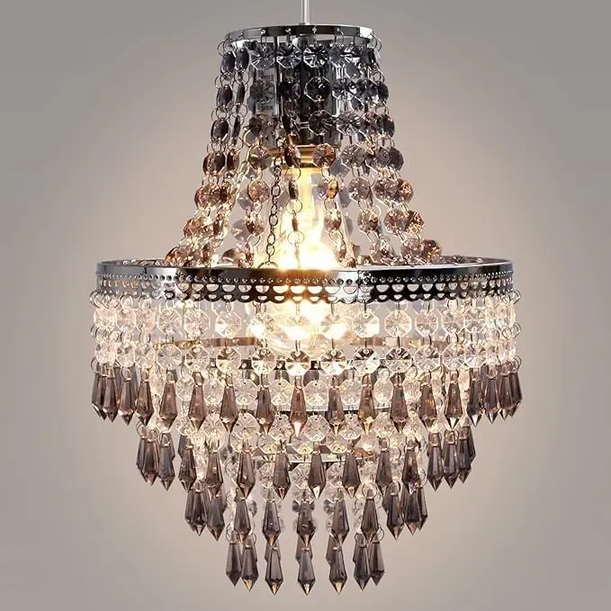 Home Terri Chrome & Clear 5 Tier Beaded Lamp Shade Easy Fit Pendant - 31.5cm H Small Chandelier (Without Light Cord Kit and Blub) (Grey)