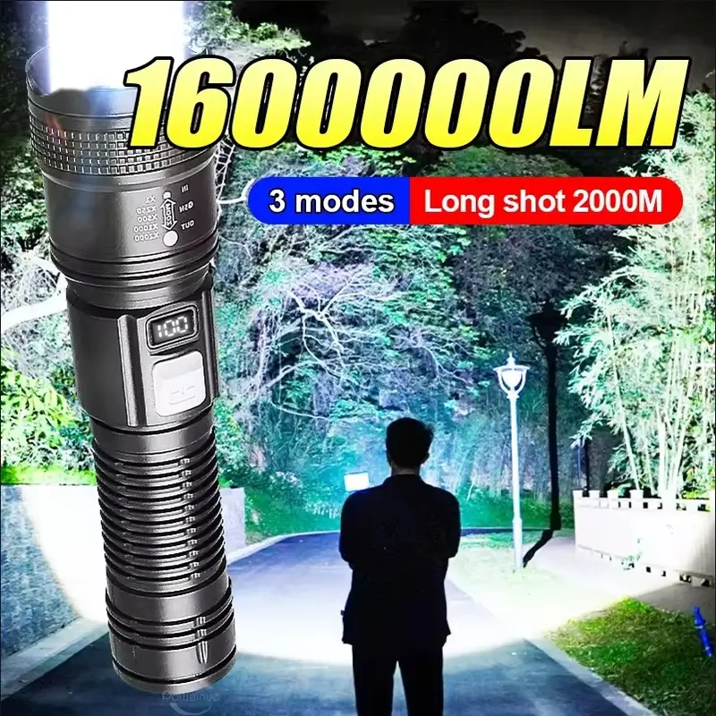1600000LM Super Bright Flashlight USB Rechargeable LED Long Range Tactical Torch Outdoor Waterproof Camping Fishing Lantern 3 Modes Long Shot 2000M 0