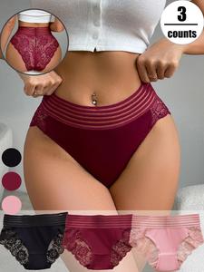 Women's Floral Lace Panties Set, Sexy Sheer High Waist Underwear, Wide Waistband, Multiple Colors, Casual All-Season Wear
