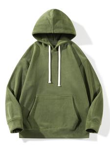 Men's Solid Drop Shoulder Drawstring Thermal Lined Hoodie, Casual Loose Long Sleeve Pocket Hooded Sweatshirt for Fall & Winter, Men's Clothes for Daily Wear