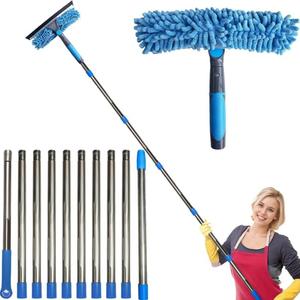 2 in 1 High-rise Window Cleaning Kit, 1 Set Window Cleaning Tool with 10 Extension Rods, Reusable Microfiber Pads, Machine Washable, Home Cleaning Tool