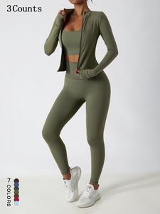 Three-Piece Set Women's Solid Crop Tank Top & Leggings & Open Front Long Sleeve Crop Jacket Set, Casual Fashion Cozy Breathable Three-piece for Yoga Gym Workout Running, Ladies Clothes for All Seasons, Fall outfit