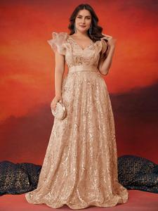 【Plus Size】 Floral Jacquard Sequins Evening Dress, Elegant V Neck Ruffled Sleeves and Hem Design Evening Party Gown, Women's Clothes for All Seasons, Womenswear