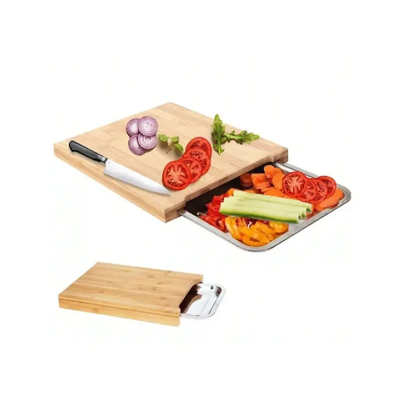 Kitchen artifact! Bamboo cutting board with stainless steel tray, mildew-proof cutting board + sliding juice tray, two-in-one design Chopping Knives 1Pcs 2