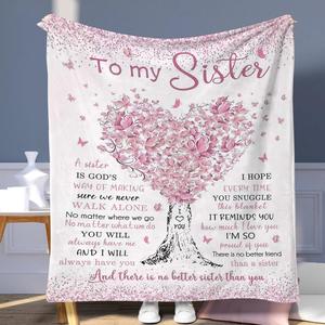 To My Sister Letter & Heart Pattern Blanket, Soft Warming Throw Blanket, Napping Blanket for Home Office Travel, Bedroom Accessories