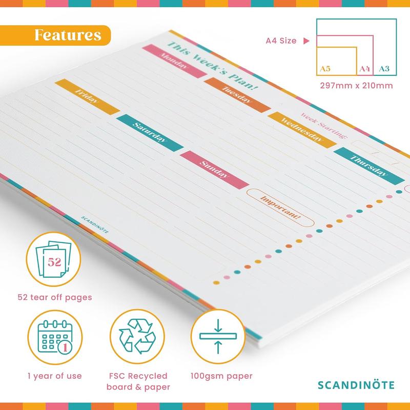SCANDINÖTE Weekly Planner Pad. A4 Desk Pad. 52 Journal Sheets with Notes,  Important & To Do List. Family, work, home, study, revision. 100gsm  recycled paper. UK Made. 5