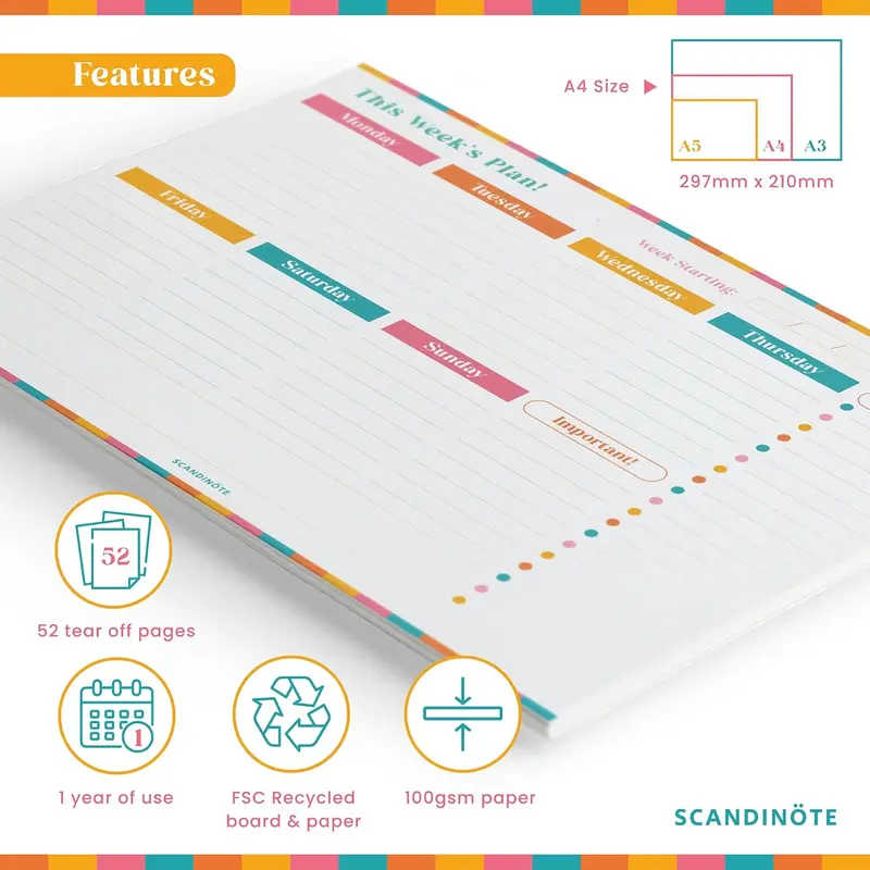 SCANDINÖTE Weekly Planner Pad. A4 Desk Pad. 52 Journal Sheets with Notes,  Important & To Do List. Family, work, home, study, revision. 100gsm  recycled paper. UK Made. 5