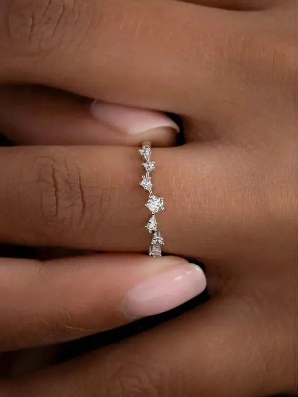 1pc Minimalist Micro Pave 7 Cubic Zirconia Round Stone Copper Ring, Suitable For Women Daily Wear Engagement Wedding Jewelry Gift 2