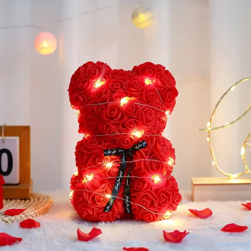 25cm Artificial Teddy Rose Flower Bear with Box Romantic Valentines Day Gift Girlfriend Women Anniversary Wedding Party Supplies 3