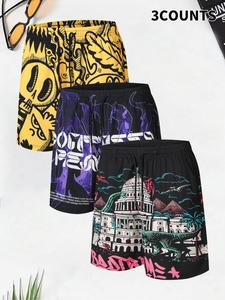 Men's Regular Fit Skull Print Boxer Brief Swim Trunks, Casual Comfy Breathable Swim Shorts for Summer, Men's Swimwear for Beach Vacation