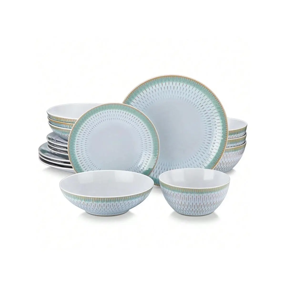 vancasso 16 Piece Dinnerware, Grey Blue, Ceramic Tableware Set Including Plates, Desserts, Bowls, Mugs, Bas-Relief, Service For  4 People