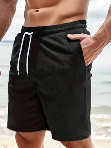 Men's Solid Color Drawstring Waist Corduroy Shorts, Loose Casual Comfortable Breathable Pocket Shorts for Summer, Men's All-match Bottoms for Beach Vacation