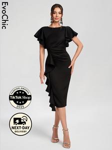 EvoChic Women's Vintage Church Ruffle Sleeve Ruched Bodycon Work Midi Pencil Dress, dresses for women, dresses for women 2025 elegant classy, bodycon midi dress, formal work pencil dress, ruched dress
