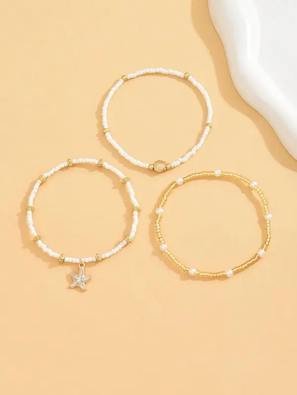 3pcs/Set Women Simple White Rice Bead/Faux Pearl Beaded Anklet With Golden Starfish & Seashell Charms, Suitable For Daily Wear And Vacation 2