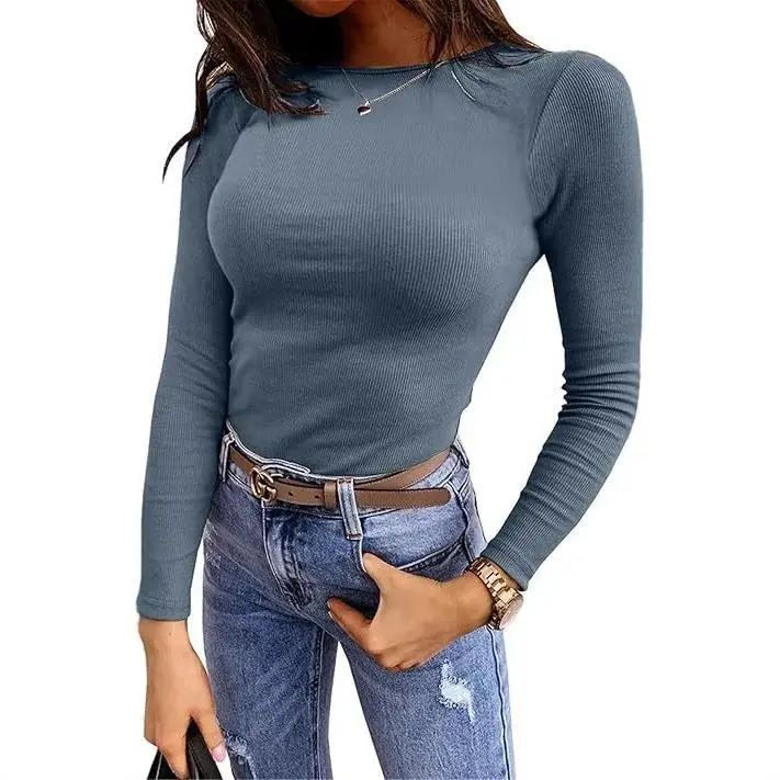 Women's Long Sleeve Elastic Slim Fit Ribbed T-Shirt Shirt Pure Color Base Layer Basic Style Top Polyester Fiber Regular Board