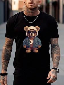 Men's Cartoon Teddy Bear in Sunglasses Print Round Neck Tee, Loose Casual Comfy Fashion Short Sleeve Crew Neck T-shirt for Summer, Men's Top for Daily Wear