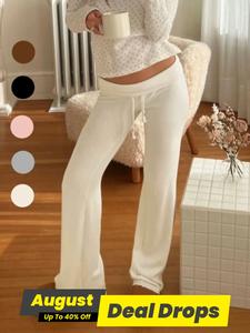 Women's Solid Drawstring Foldover Waist Straight Leg Pants, Basic Outdoor Pants for Women, Lady Fashion Casual Comfy Fitted Drop Waist Trousers, Trousers for Women, Loose Casual Trousers, Minimalist Womenswear Bottom