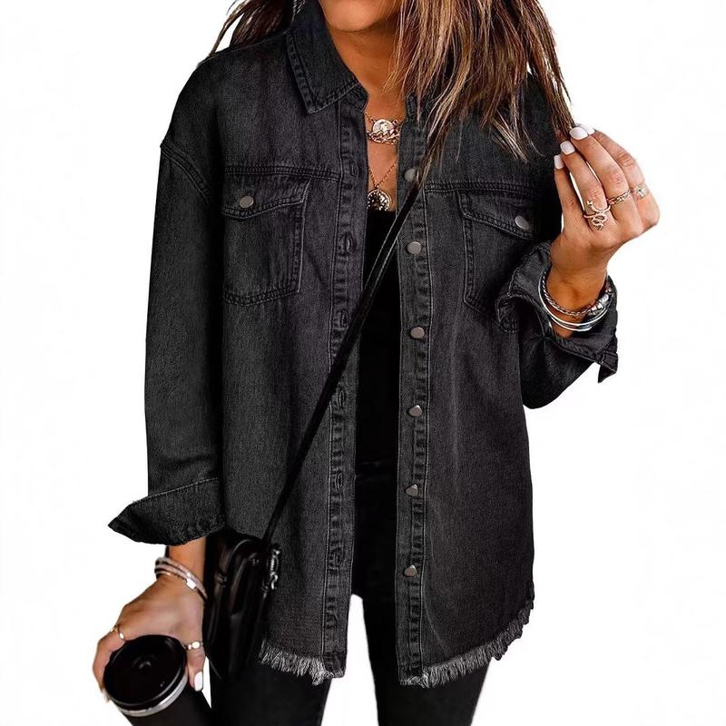 Product Introduction of Women's Denim Coat with Wiped Edge and Pockets - Pure Color Single-Breasted Cardigan Jacket for Loose Fit - Womenswear, Tops 19