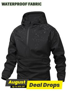 Men's Solid Color Half Zip Pocket Longsleeves Hooded Jacket, Regular Fit Casual Long Sleeve Drawstring Waterproof Jacket for Fall & Winter, Casual Fashionable Jacket, Going Out Tops, Jackets for Men, Zippers Menswear, Waterproof Raincoat