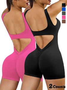 Women's Solid Color V Neck Backless Sports Bodysuit, Casual Sleeveless Racer Back Bodysuit for Yoga Gym Workout, Ladies Sportswear for All Seasons, Womenswear, Activewear