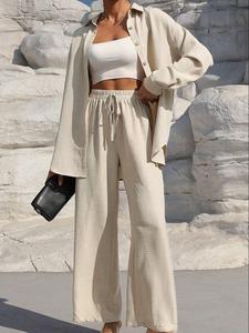 【Plus Size】 Two-Piece Set Solid Button Front Shirt & Drawstring Waist Pants Set, Casual Drop Shoulder Long Sleeve Top & High Waist Trousers for Daily Wear, Women's Two-piece Outfits for Spring & Fall, Casual Fashion Set