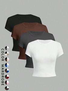 Spring Summer Comfortable Breathable Fitted Shaping Casual Women's Basic Knitting Short T-Shirt, Soft Round Neck Knit Top, Girl Gift Fabric