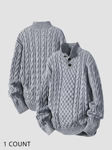 Men's Solid Cable Knit Pullover Sweater, Regular Fit Casual Long Sleeve Button Front Jumper for Fall & Winter, Men's Knitwear for Daily Wear