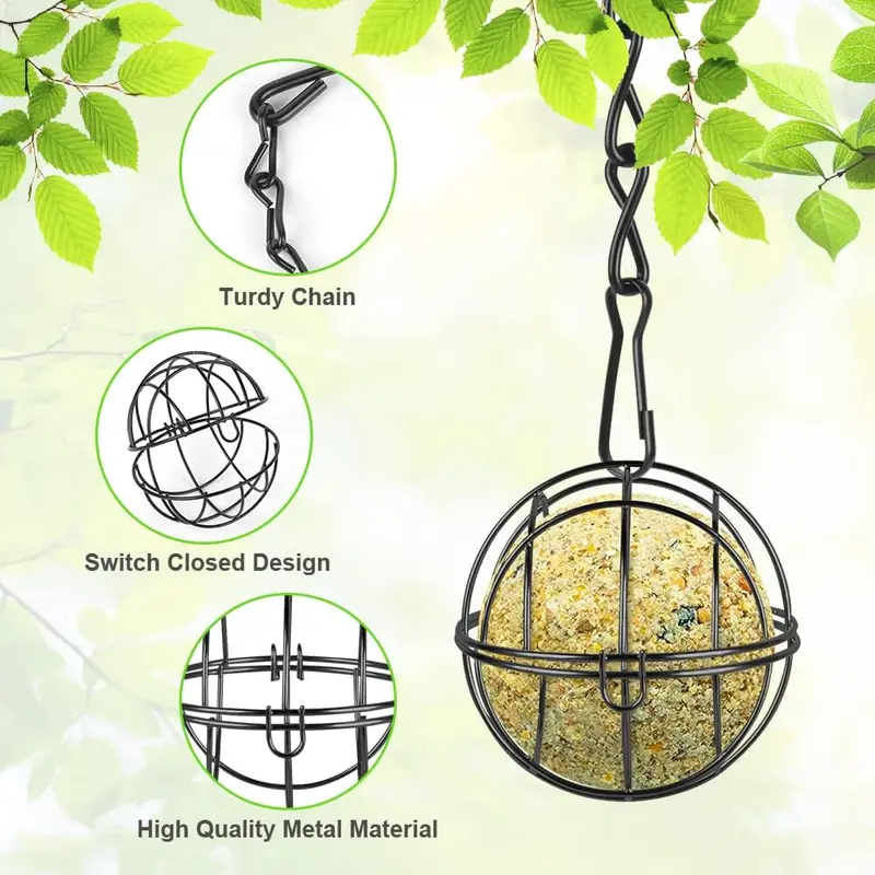 Fat Ball Bird Feeder, 2pcs Metal Fat Ball Bird Holder, Hanging Bird Feeder Holder Spherical with 2 S-shaped hooks for Outdoor Garden Wildlife Birds Finch Sparrow Robin (Black) 2