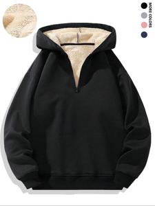 Men's Solid Thermal Lined Half Zip Hoodie, Casual Regular Fit Long Sleeve Hooded Sweatshirt for Fall, Men's Clothes for Daily Wear